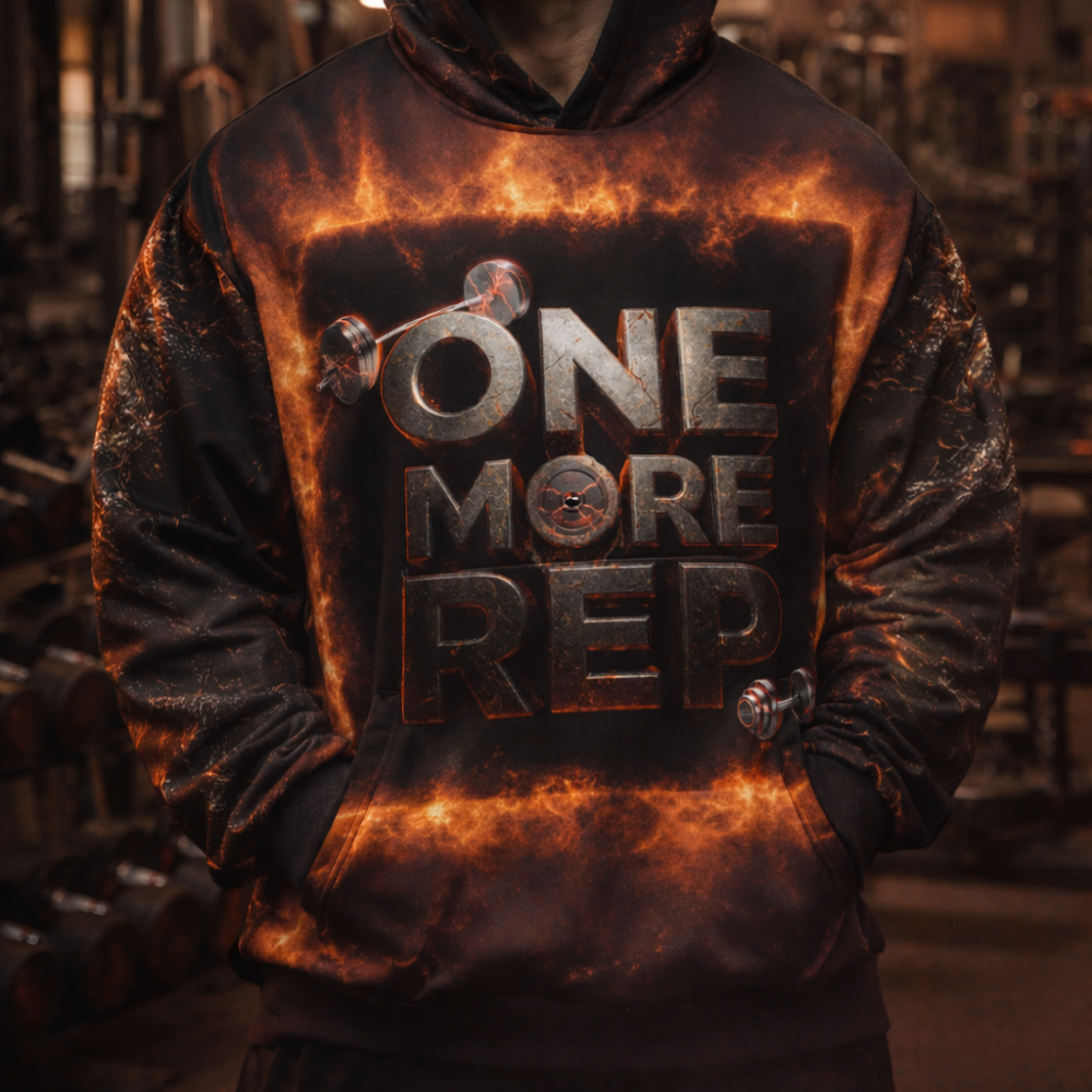 One More Rep OS Hoodie Front Gym Red Scene