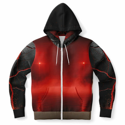 Hoodie with red and black design on a white background